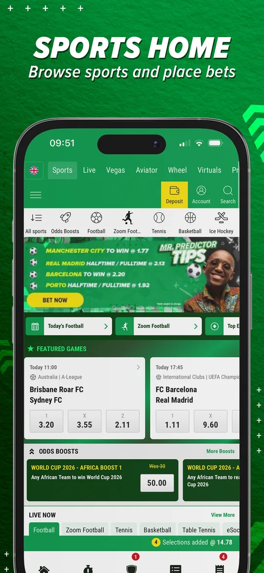 Capture de l’application Premier Bet : l’écran d’accueil affiche les cotes sportives