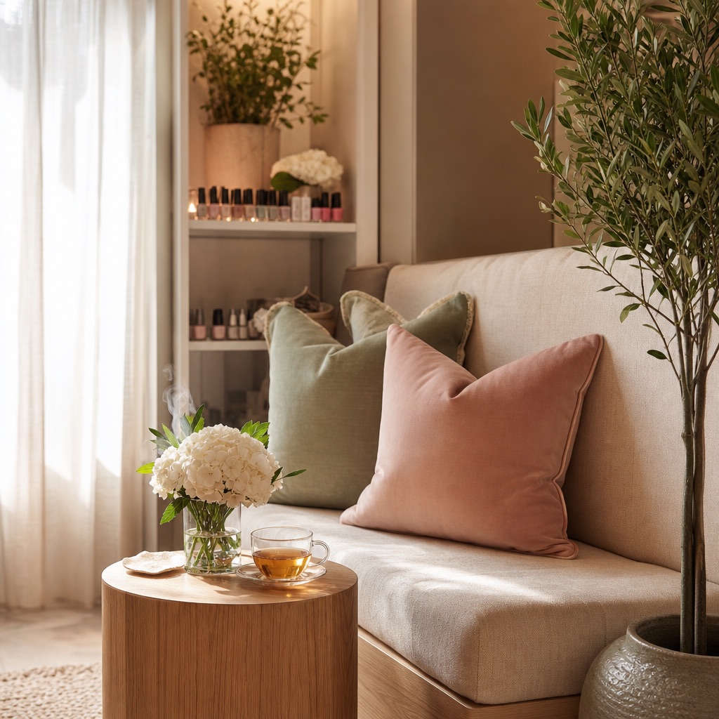 Warm, inviting waiting corner of the Pleasanton nail salon with linen seating, fresh flowers and soft afternoon light