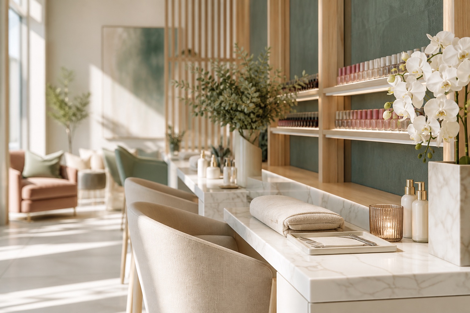 Calm, modern interior of Professional Nail salon in Pleasanton with marble manicure stations and soft natural light