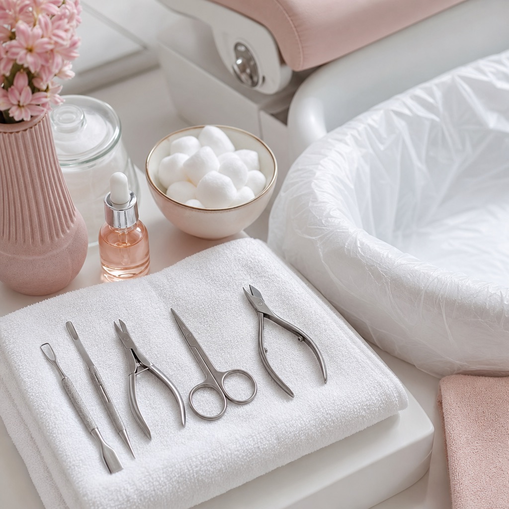 Sterilized stainless-steel manicure tools arranged on a clean white towel, conveying careful hygiene