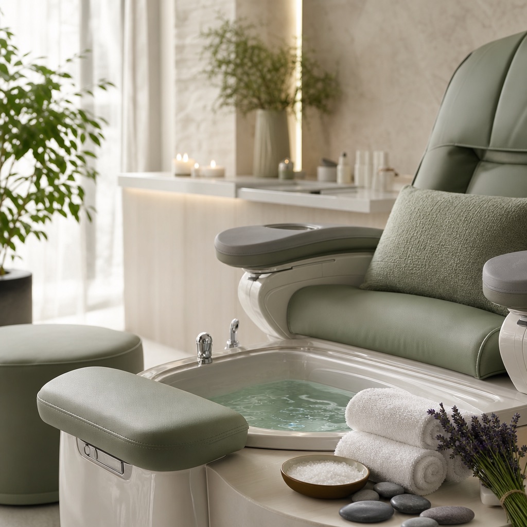 Relaxing spa pedicure setup with warm water basin, towels and lavender