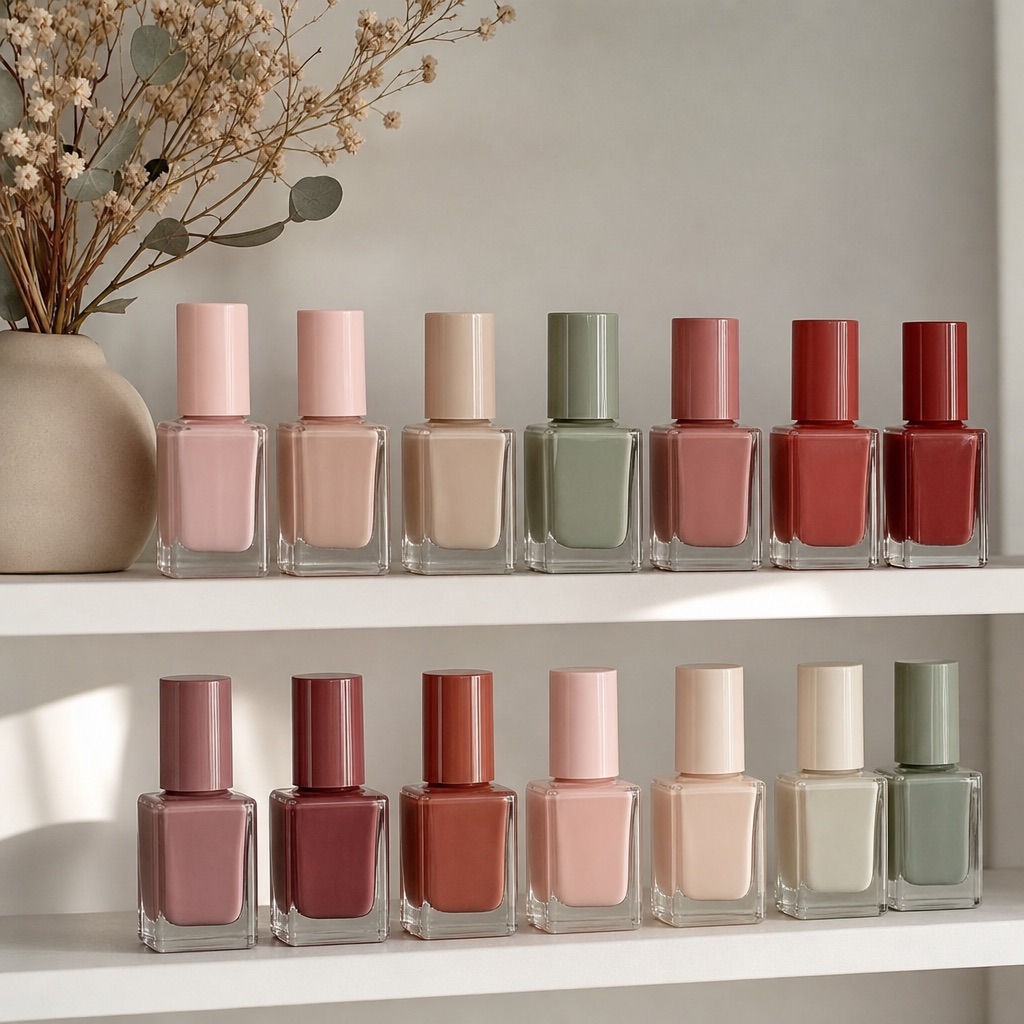 A curated shelf of nail polishes in soft, muted tones